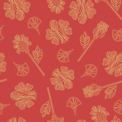 Vector Art deco red gold floral background seamless repeat pattern