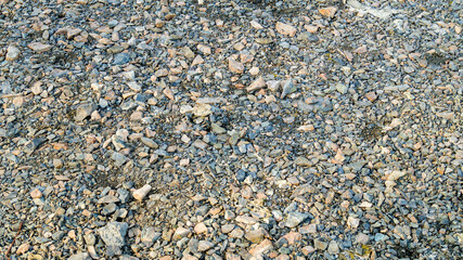 Stone shore of the lake. Large and small stones are illuminated by the hot evening sun. Walk along the beach of a lake in Russia.