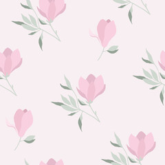 Fototapeta na wymiar Vector seamless pattern with pink magnolias and green branches