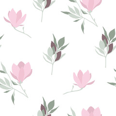 Vector seamless pattern with pink magnolias and green branches