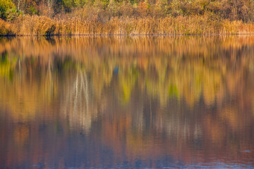 Colorful autumn forest with reflection in water of calm lake.