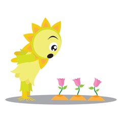 sunflower character looking at rose plant