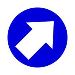 arrow pointing right up in circle blue for icon flat isolated on white, circle with arrow for button interface app, arrow sign of next or download upload concept, arrow simple symbol for direction