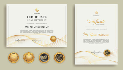 Blue and gold diploma certificate with line art and badges A4 template. For award, business, and education