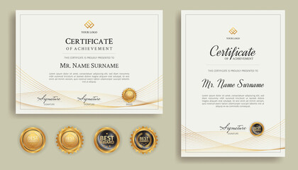 Blue and gold diploma certificate with line art and badges A4 template. For award, business, and education - obrazy, fototapety, plakaty