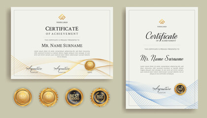 Blue and gold diploma certificate with line art and badges A4 template. For award, business, and education