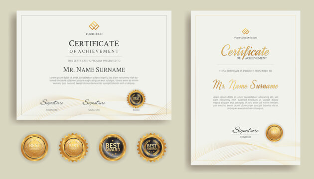 Blue And Gold Diploma Certificate With Line Art And Badges A4 Template. For Award, Business, And Education