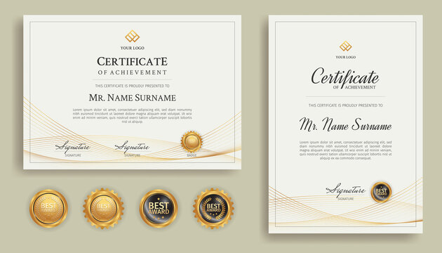 Blue and gold diploma certificate with line art and badges A4 template. For award, business, and education