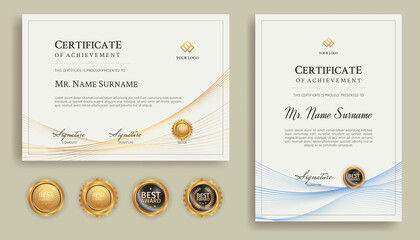 Blue and gold diploma certificate with line art and badges A4 template. For award, business, and education - obrazy, fototapety, plakaty