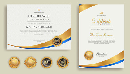 Blue and gold diploma certificate with line art and badges A4 template. For award, business, and education