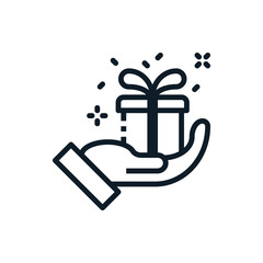 Gift box in hand outline icons. Vector illustration. Editable stroke. Isolated icon suitable for web, infographics, interface and apps.