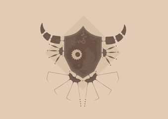 Illustration of robot head in geometric steampunk style. (Brown Purple & Cream Color)