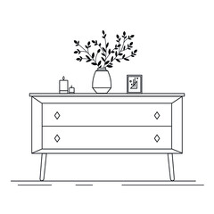 Furniture for the bedroom and living room. Vector flat icon. Lady's dresser for the bedroom with a vase of flowers and various accessories for websites, logos. Modern interior design.