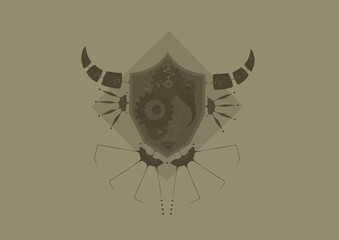 Illustration of robot head in geometric steampunk style and monochrome. (Green Brown)