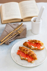 Delicious breakfast with croissant, smoked salmon, cheese and pepper on white plate. Opened old book on the background.