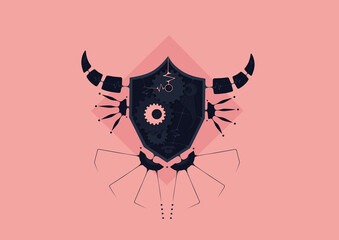 Fototapeta premium Illustration of octagon robot head in geometric steampunk style. (Blue & Pink)