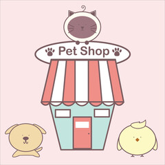 Hand-drawn cute pet shop with dog, cat and bird cartoon isolated on light pink background