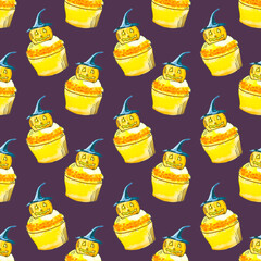 seamless pattern with watercolor pumpkin cupcakes