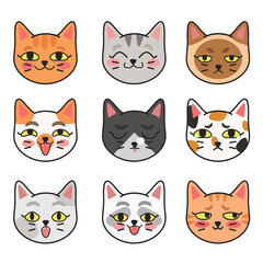 illustrations of adorable Kitty Faces on white Background.