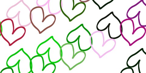 Light Pink, Green vector template with doodle hearts.