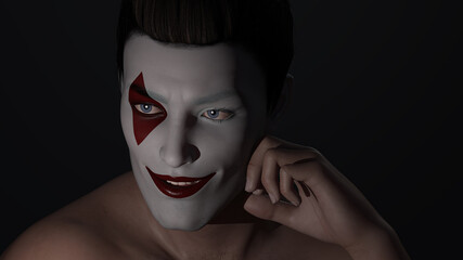 Portrait of face painted Jack The Joker character with a slightly scary look as if he is planning his next crime. 3D rendering
