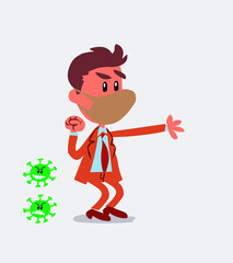 Very angry businessman with mask and virus COVID pointing at something