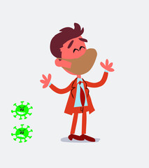 Pleased businessman with mask and virus COVID explaining something