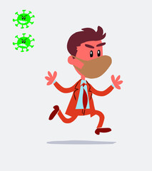 businessman with mask and virus COVID running very pleased
