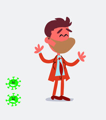 Very pleased businessman with mask and virus COVID 
