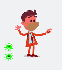 businessman with mask and virus COVID smiling while pointing
