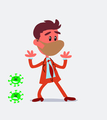 Pleasantly surprised businessman with mask and virus COVID 
