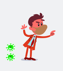 businessman with mask and virus COVID pointing while arguing
