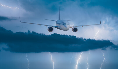 Passenger airplane flying stormy sky  with dark clouds and lightnings
