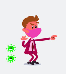 Surprised businessman with mask and virus COVID points to something
