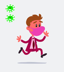 businessman with mask and virus COVID running happily
