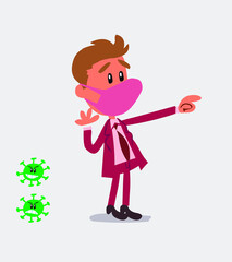 Surprised businessman with mask and virus COVID pointing at something
