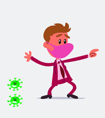 Shocked businessman with mask and virus COVID pointing