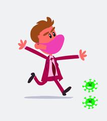 businessman with mask and virus COVID running angry
