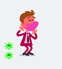 businessman with mask and virus COVID smiling shyly
