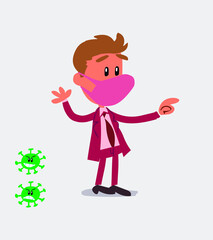 businessman with mask and virus COVID smiling while pointing
