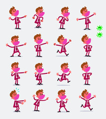 Cartoon character businessman with mask and virus COVID in smart casual style. Set with different postures, attitudes and poses, doing different activities in isolated vector illustrations.
