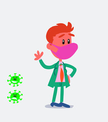 businessman with mask and virus COVID waving while smiling
