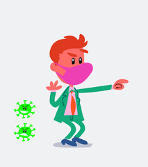 Surprised businessman with mask and virus COVID points to something
