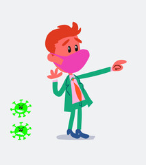 Surprised businessman with mask and virus COVID pointing at something
