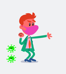 Very angry businessman with mask and virus COVID pointing at something