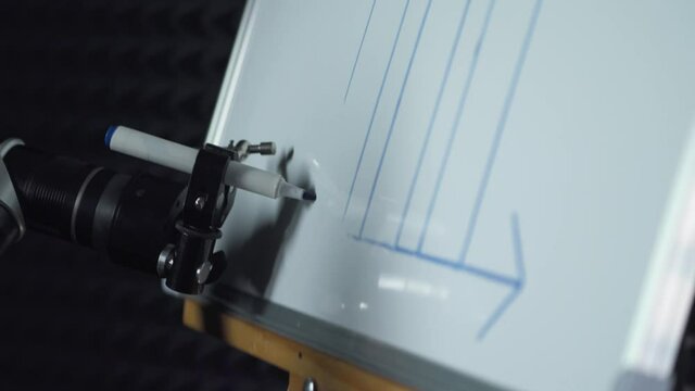 Programmed robor draws financial infographics, a futuristic robot hand draws a marker on a blackboard, modern technology.