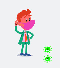 Thoughtful businessman with mask and virus COVID scratching his head
