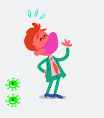 businessman with mask and virus COVID laughing happily
