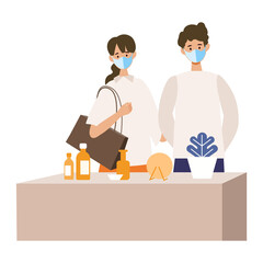 Fototapeta premium 【新しい旅のエチケット】手で触らず目でお土産を選ぶ男女旅行者のイラスト GoToトラベルキャンペーンに伴う、新しい旅行様式を伝えるイラスト