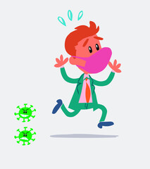 businessman with mask and virus COVID running scared
